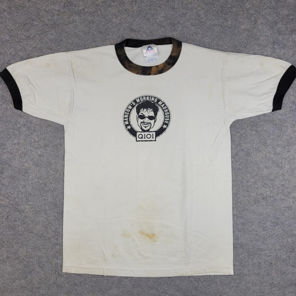 Q101 Shirt Mens Medium Vtg Mancow Morning Madhouse Ringer Alternative Radio Dj